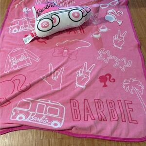 Barbie Pink Blanket, Pillow, and Water Bottle.
